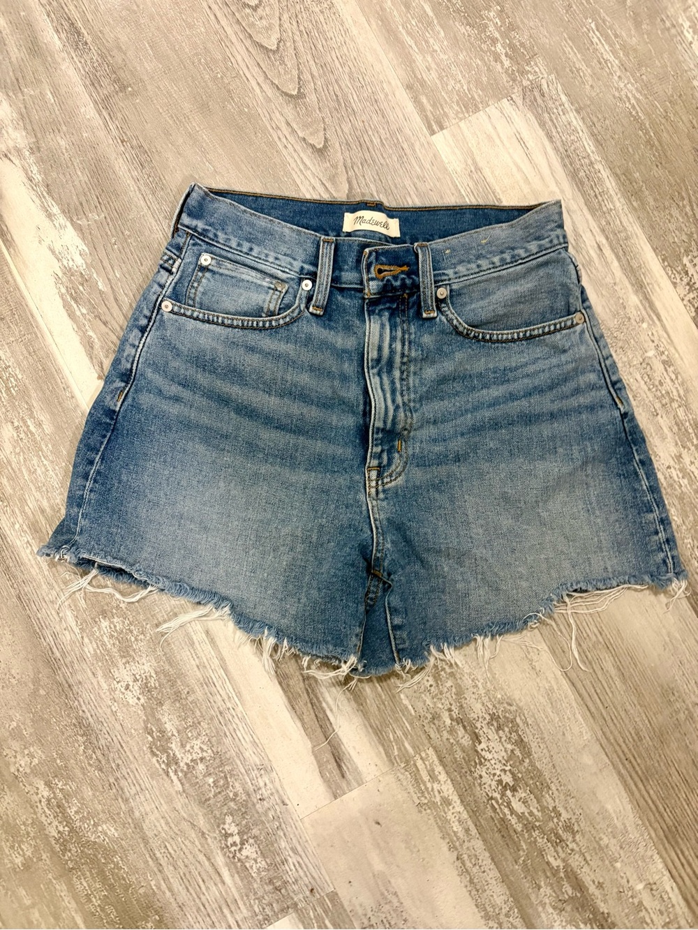 Madewell Medium Blue High-Rise Frayed Hem Denim Shorts